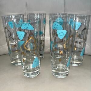6 Tall 6.75" Vintage Federal Glass Atomic Turquoise & Gold Amoeba Boomerang MCM